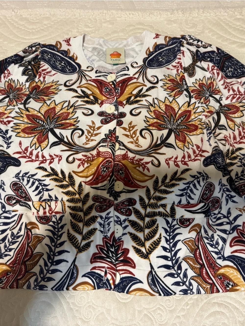 FARM Rio White Cardigan with Navy, Red and Gold Floral Print - Picture 2 of 4